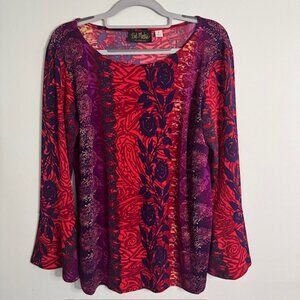 Bob Mackie Wearable Art Bell 3/4 Bell Sleeve Floral Geometric Blouse Size Small